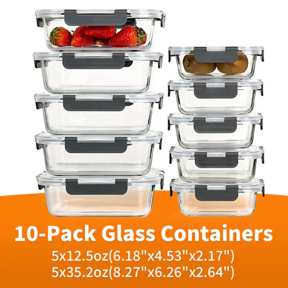 10 Pack BPA-Free GlassFood Storage ContainersLeak Proof Lids